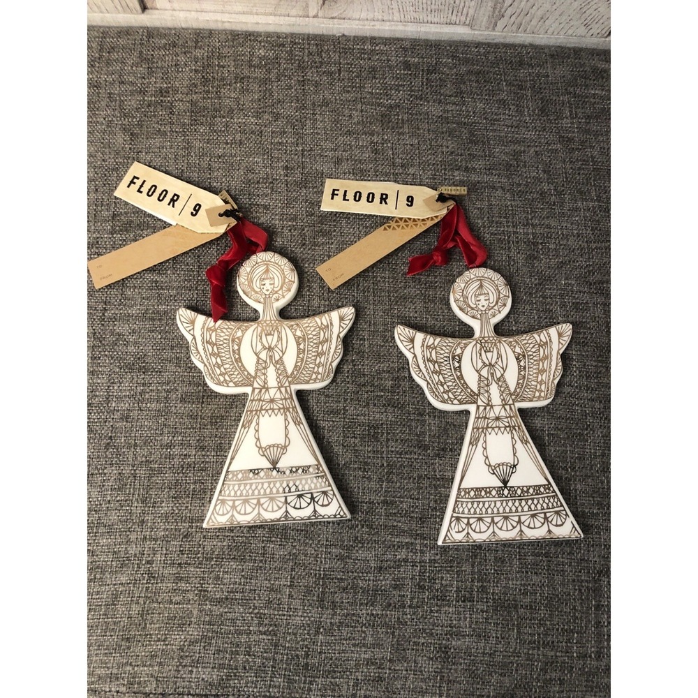 Floor 9 Ceramic Angel Ornaments Set of 2 White Gold Boho Christmas Decor NWT